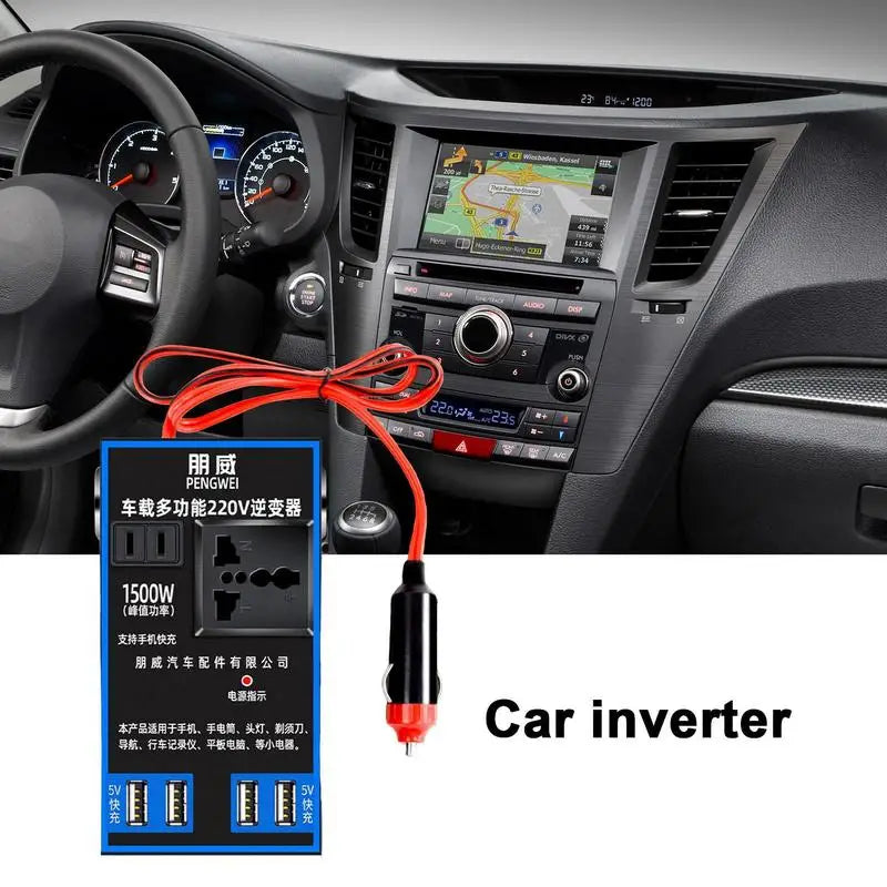 محول سيارة مع محول USB ومقبس منزلي 220 فولت – 1500 واط
