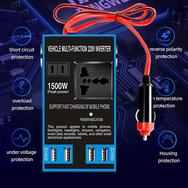 محول سيارة مع محول USB ومقبس منزلي 220 فولت – 1500 واط