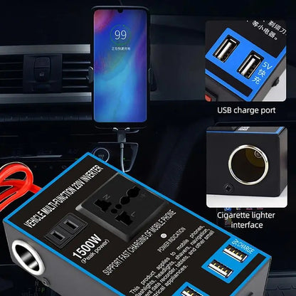 محول سيارة مع محول USB ومقبس منزلي 220 فولت – 1500 واط